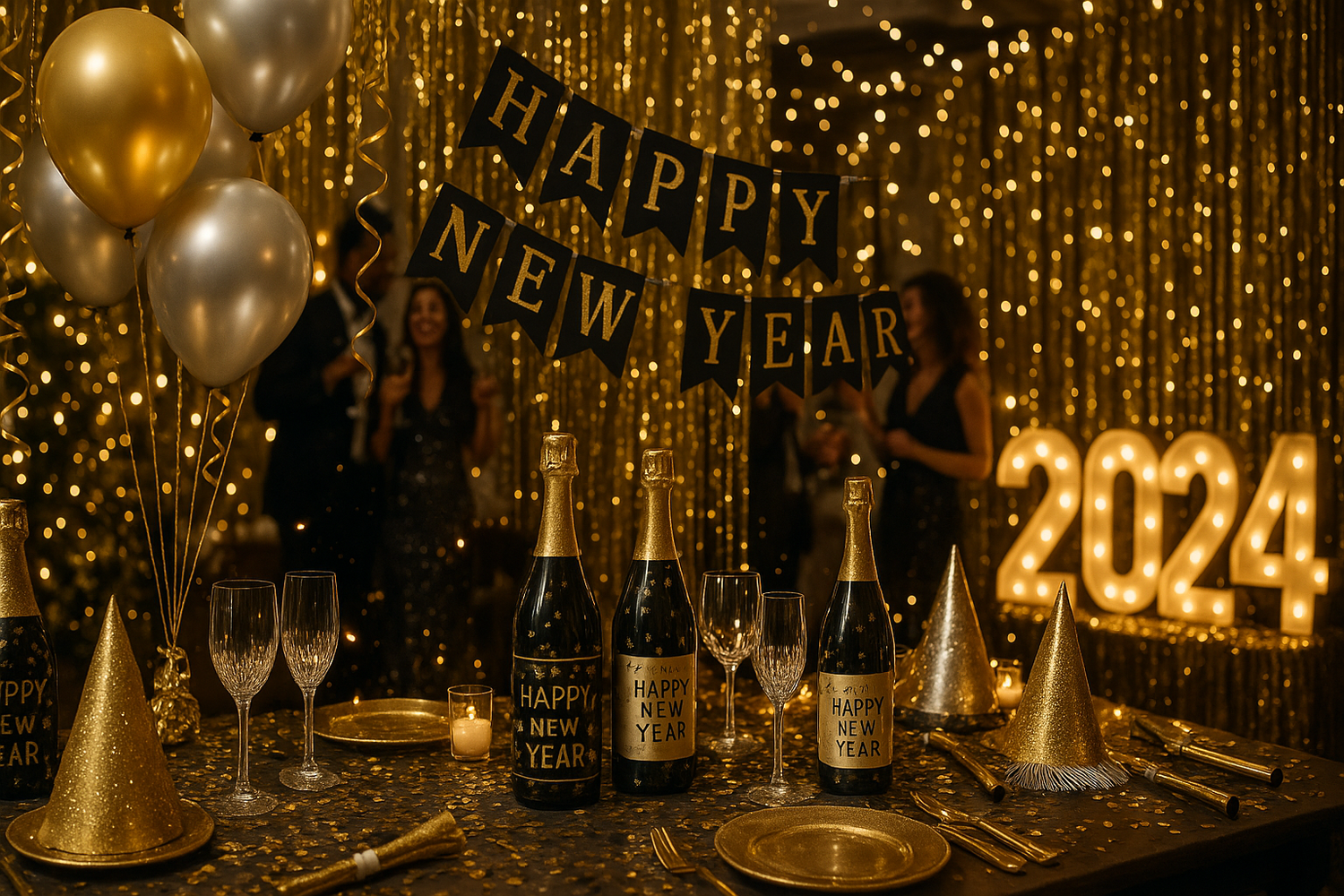 Geef een realistische afbeelding van mensen die oud en nieuw vieren met veel versieringen en de versieringen zijn het belangrijkst